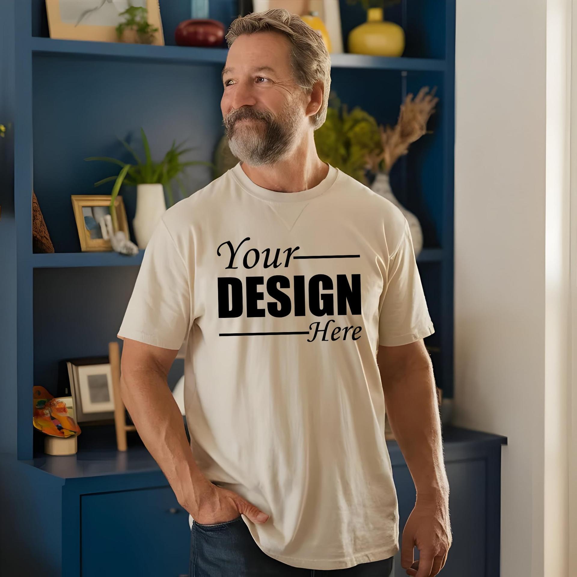 A man in a cream heavyweight tee printed with a custom design
