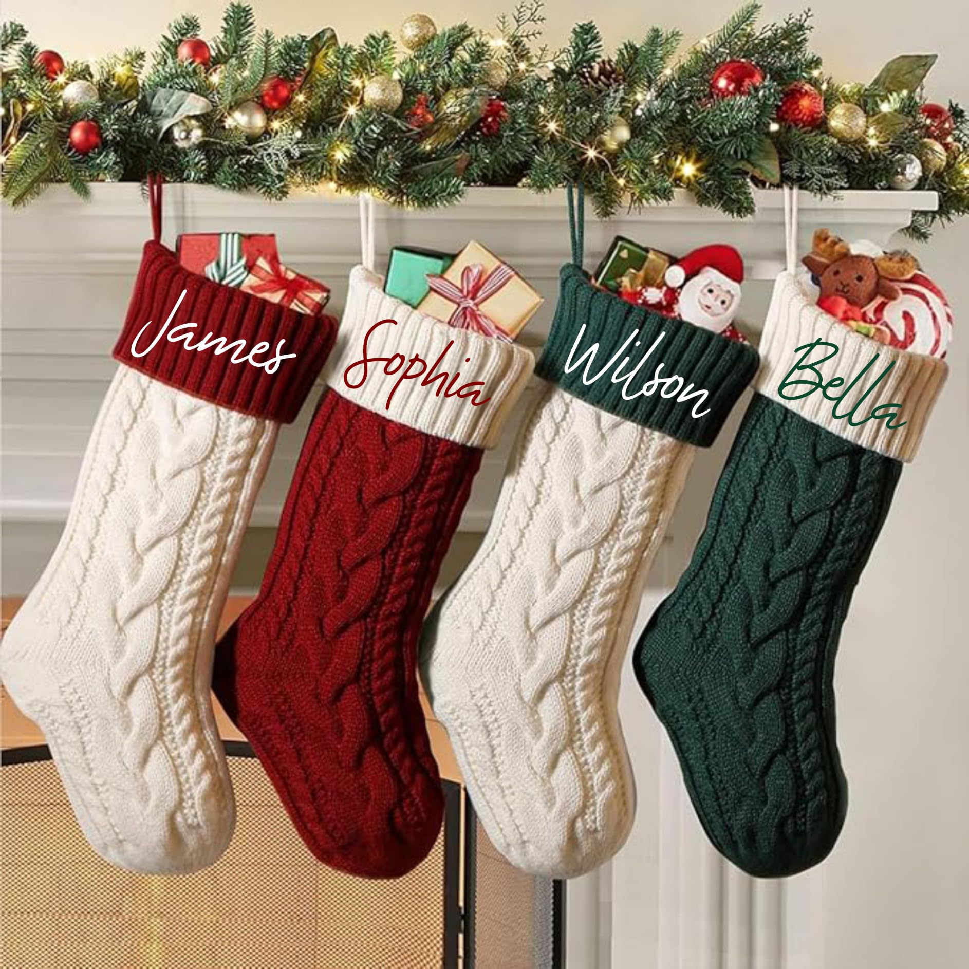 Cable-knit Christmas stockings embroidered with James, Sophia, Wilson and Bella hanging on a garland mantel