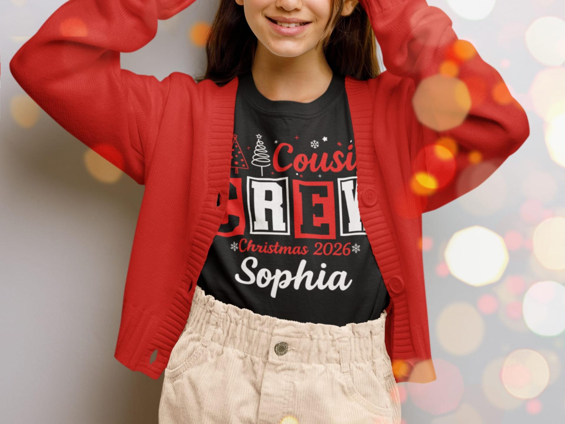 A girl in a personalized Cousin Crew Christmas 2026 shirt