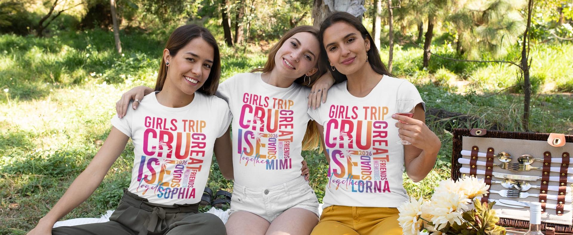 Friends in a park wearing matching personalized trip shirts