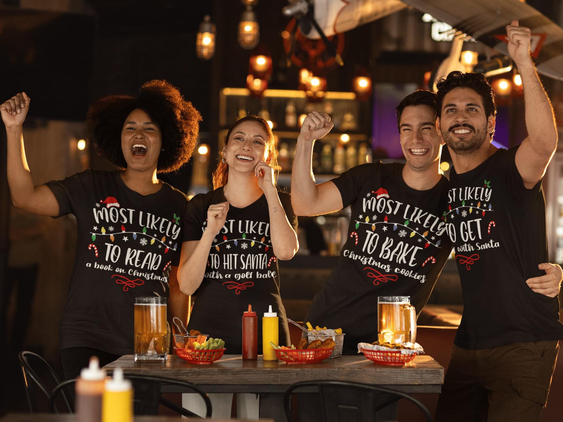 Friends cheering at a Christmas party in matching “Most likely to” shirts