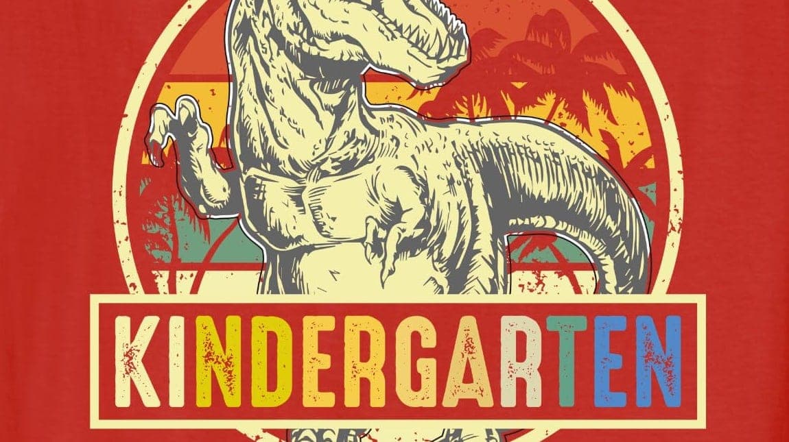 A red “Ready to Crush Kindergarten” dinosaur shirt