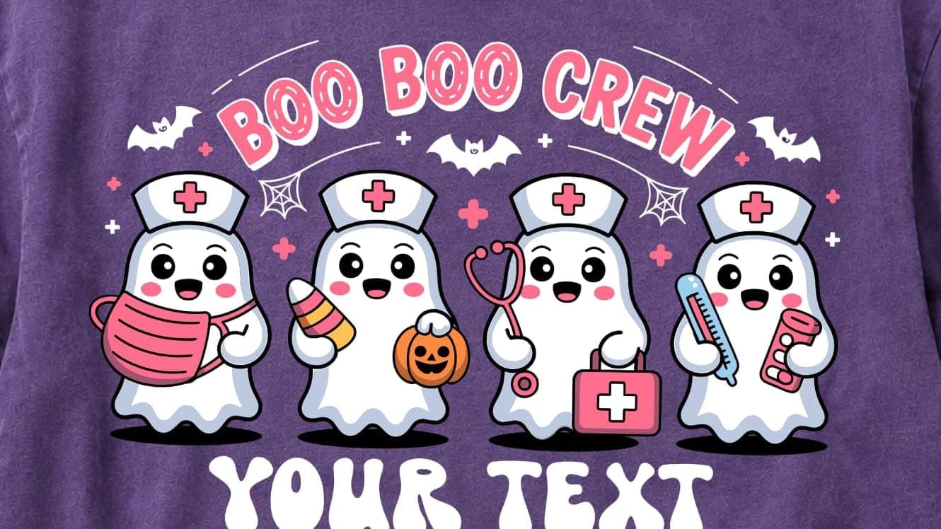 A purple Boo Boo Crew shirt with four ghost nurses