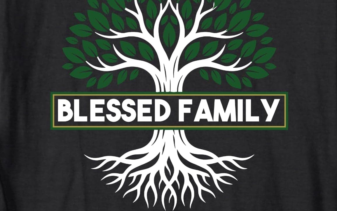 A black “Blessed Family” reunion shirt with a family tree