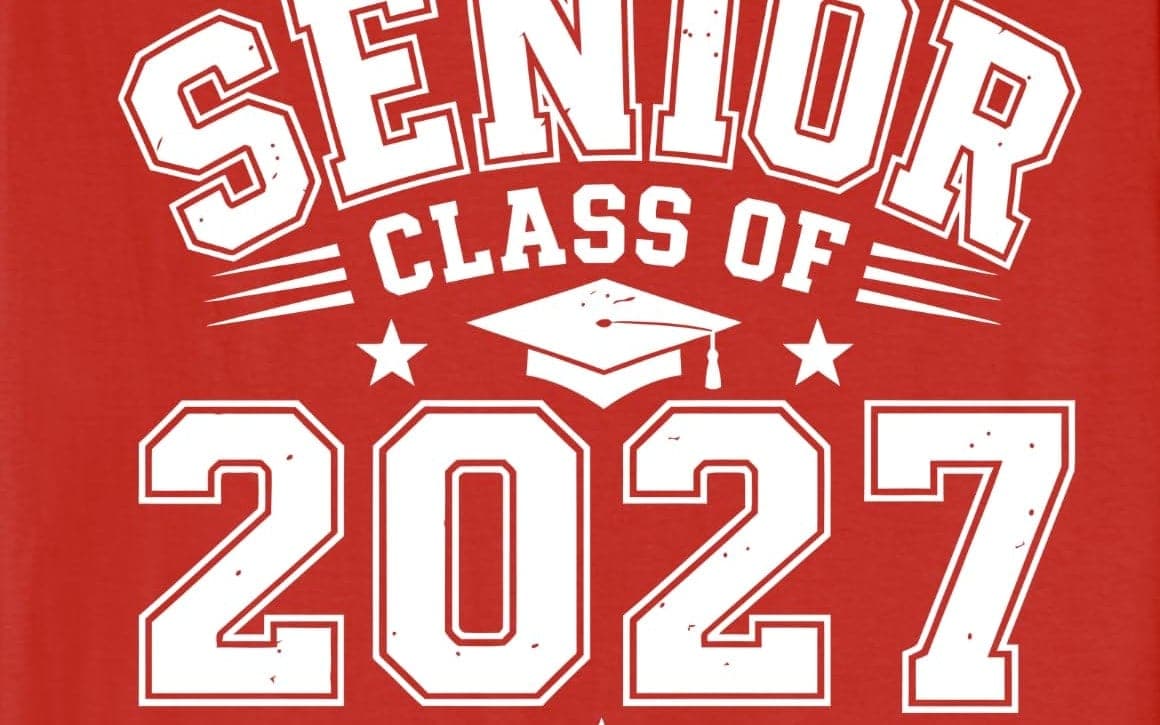 A red varsity “Senior Class of 2027” shirt