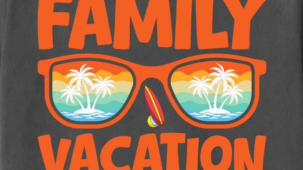 A gray Family Vacation shirt with tropical sunglasses