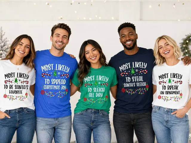 Five friends laughing together in matching Most Likely To shirts, each in a different color
