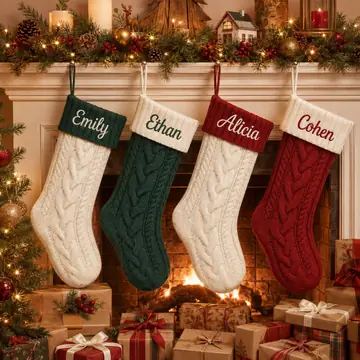 Knit Christmas stockings embroidered with Emily, Ethan, Alicia and Cohen, hung on a mantel