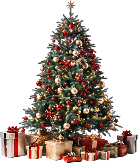 A decorated Christmas tree with red and gold ornaments and wrapped presents underneath